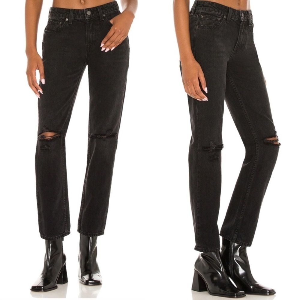 GRLFRND The Kate Slim Straight Jeans Black 30 Low Rise Distressed 90s Grunge